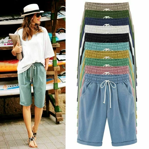 Womens Solid Beach Bermuda Capri Shorts Loose Casual Summer Crop Pants Trousers - Bild 2 von 29