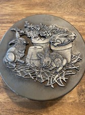 Metzke Vintage Pewter Round Cookie Tin Bunny Rabbits Easter 6” Collectible