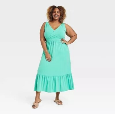 NEW Women's V-Neck Stretch Maxi Dress Ava & Viv Aqua Jade Green Size XXL 17