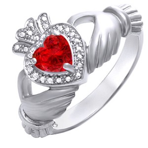 Authentic Claddagh Ring 14K White Gold Plated Sterling Silver Simulated Heart Ruby