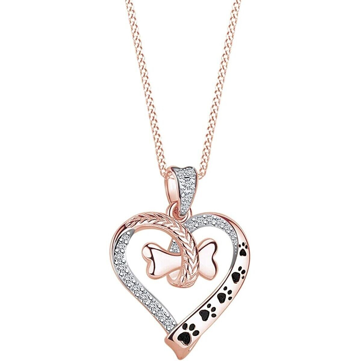 1/10ct Dog Paw & Bone Heart Pendant Necklace in Sterling Silver with CZ
