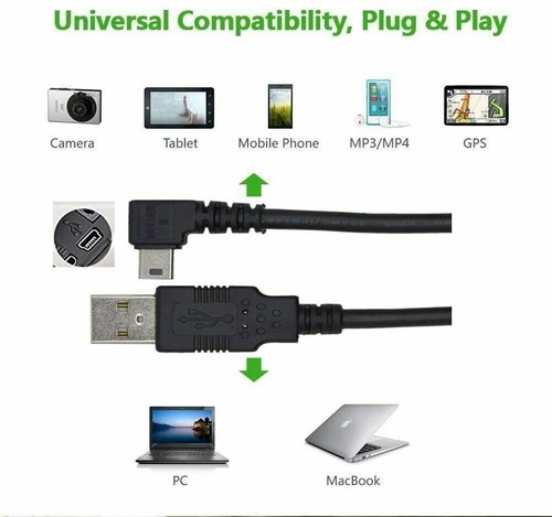 Right Angle Mini USB Cable Fast Data Sync Lead Charger Camera PC 2 Metre Black - Picture 4 of 10