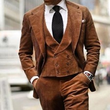 Men Corduroy Suit Brown Striped Leisure Outfit Party Prom Groom Tuxedo Suit