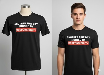 Another Fine Day Ruined By Responsibility Funny Tee 2XL Black Sarcastic Humor