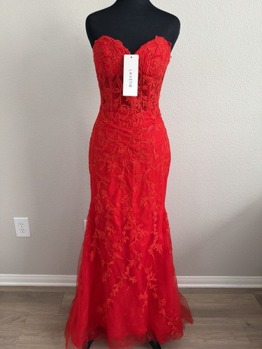 Lavetir Small Red Lace Corset Mermaid Maxi Dress Strapless Formal Evening Gown