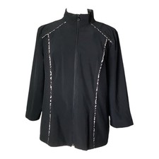 Weekends by Chico's Black Leopard Print Lined Zip Up Jacket Womens Size 2