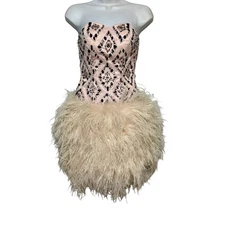 Vintage Coquette Couture Corset Feather Mini Dress Women Size XS Showgirl Glam