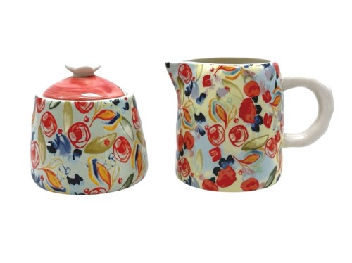 Anthropologie Floral Ceramic Creamer & Sugar Dish Set With Lid