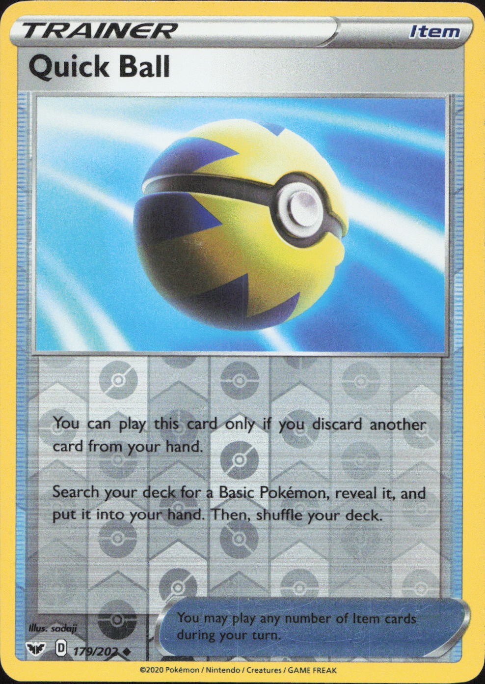 Quick Ball 179/202 UNCOMMON REVERSE HOLO Sword & Shield Pokemon Lightly Played