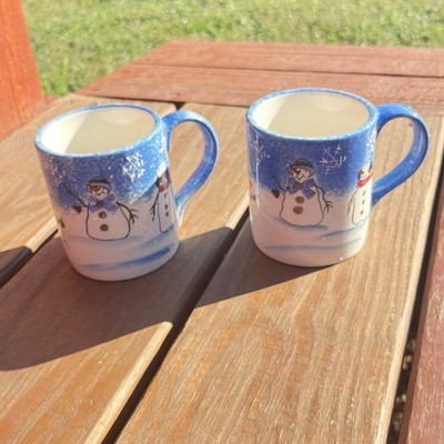 Sonoma  Button Up  Set Of Two Ceramic Mugs Snowman Snowflake Theme