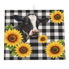 Farm Cow Sunflower Dish Drying Mat Kitchen Buffalo Check Black White 16x18 In