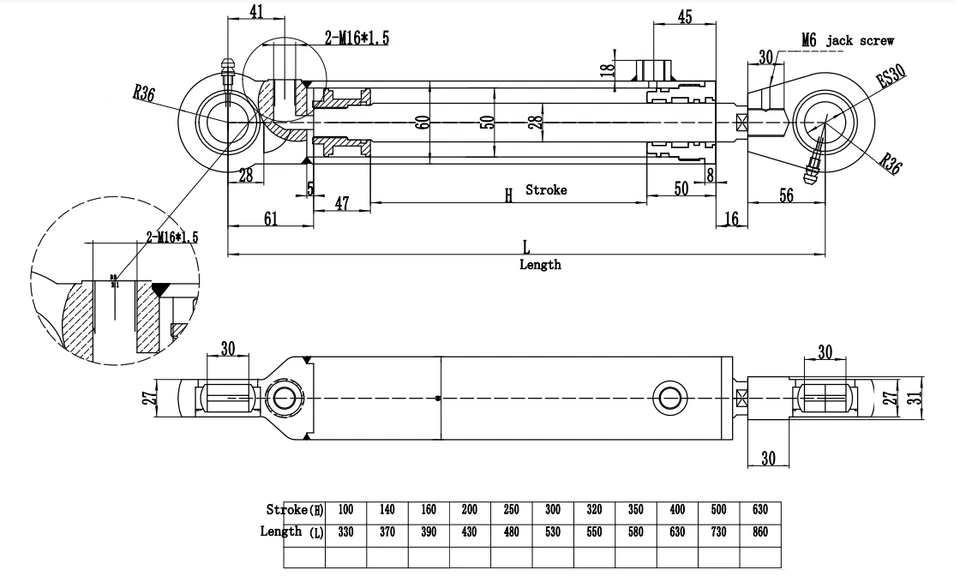 Cilindro hidráulico de doble acción DW cilindro 50/28 140 tiempos - Imagen 2 de 3