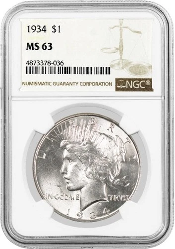 1934 $1 Silver Peace Dollar NGC MS63 Uncirculated Key Date Coin