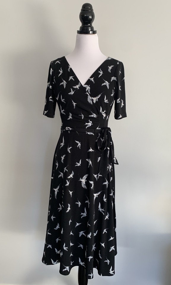 Anthea Crawford Dress Size 8 Black Bird Print Wrap Midi Jersey Belted