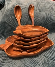 Vintage 8 Pc  Monkey Pod Wooden Salad Bowl Serving Set - Perfect Portion Size