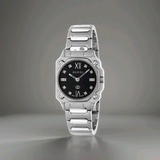 Gucci G-Flat 24mm Diamond Damenuhr YA166508, 24mm Silber/Schwarz Zifferblatt UNISEX