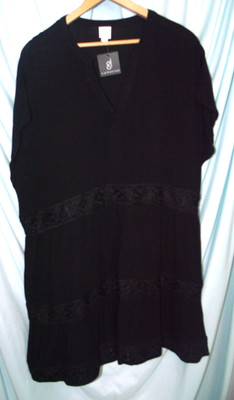 NWT gibson look Black Gauze Lace Trim SS V-Neck Shift Dress Women's 2X