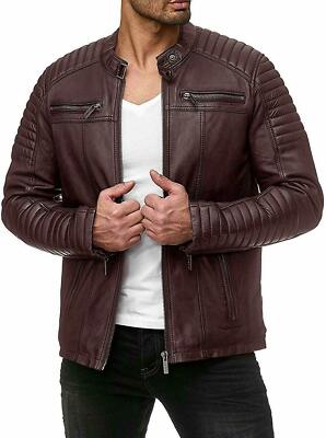 Neu Stilvolle Herren Echt Lammleder Echtleder Biker Motorrad Burgund Jacke
