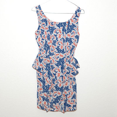 Double Zero Kleid, blau, Peplum, weiß, rot, Blumen, Schößchen, XS, 32, 34, S