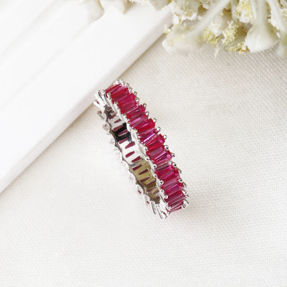 Rosso Zircone Cubico Eternità Completo Fede Nuziale Artigianale Solido Argento - Immagine 2 di 4