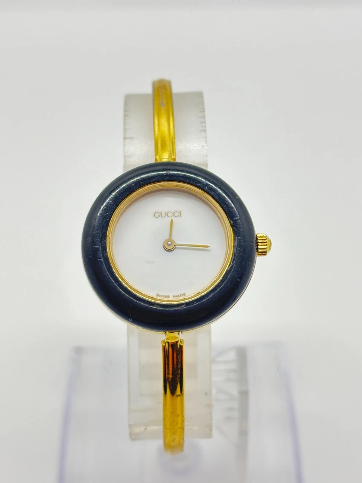 [Exc+5] Montre Gucci 11/12.2 Lunette Change Or Vintage Noire Occasion Fonctionne