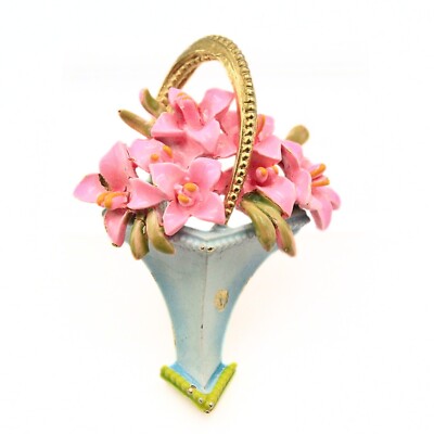 Truly Exceptional Signed ART Pink Green Enamel Basket Flower 40's Brooch
