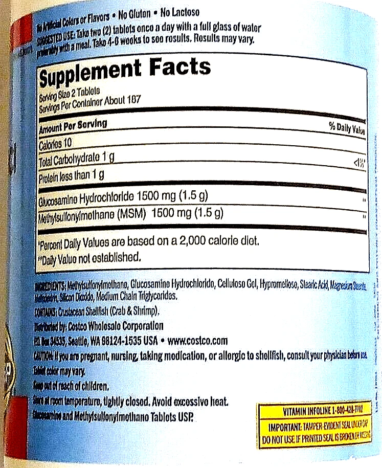 Kirkland Signature Glucosamina Extra Fuerte HCI 1500mg con MSM 375 Comprimidos Foto 3 de 4