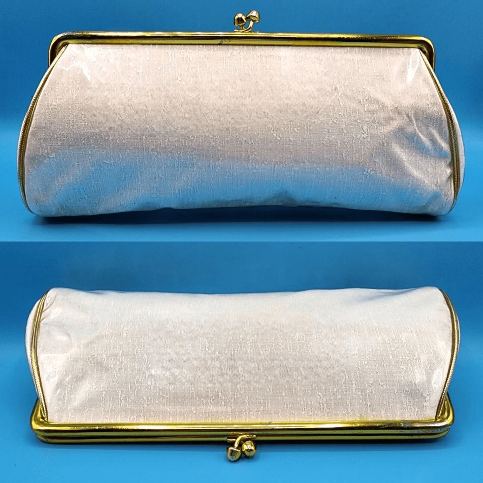 Cartera sin asas floral vintage de vinilo Daisy Millinery broche de beso años 60 blanco amarillo Foto 4 de 4