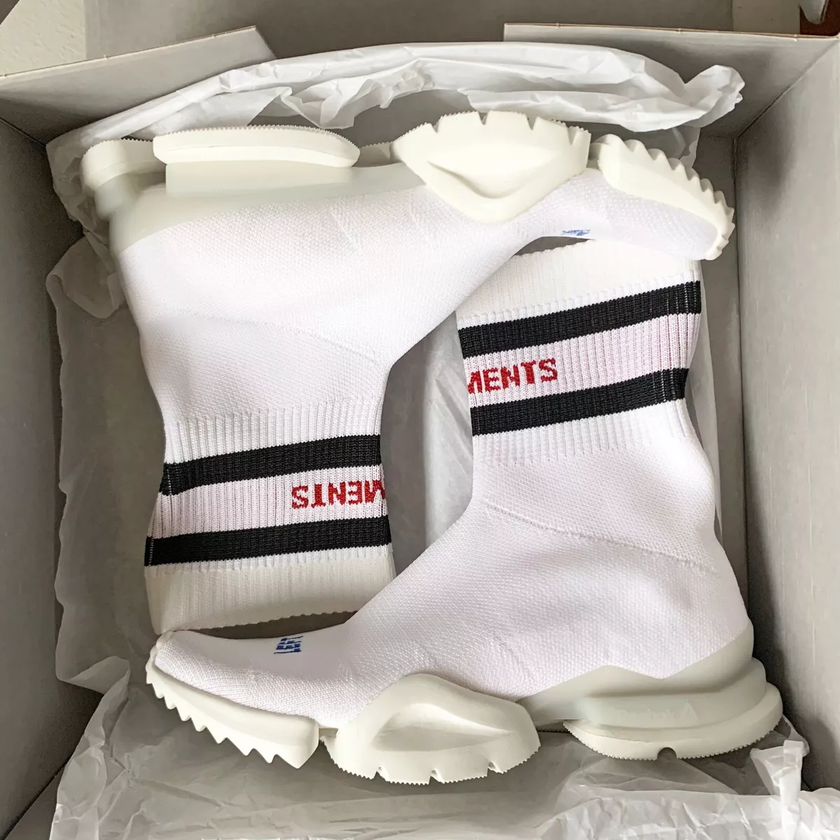 $840 VETEMENTS x Reebok Stretch Knit SS Crew High Top Sock Sneakers White 38.5