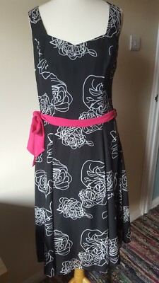 Debenhams Petite Collection Dress Size 8 Black White Floral Pink Belt Below Knee