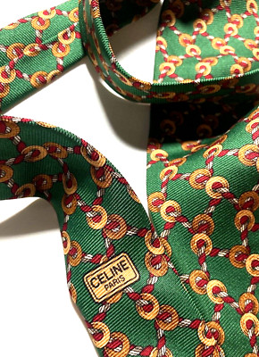 CELINE PARIS VINTAGE CHAINED RINGS TIE CROSSED ROPES PATTERN LOGO GREEN