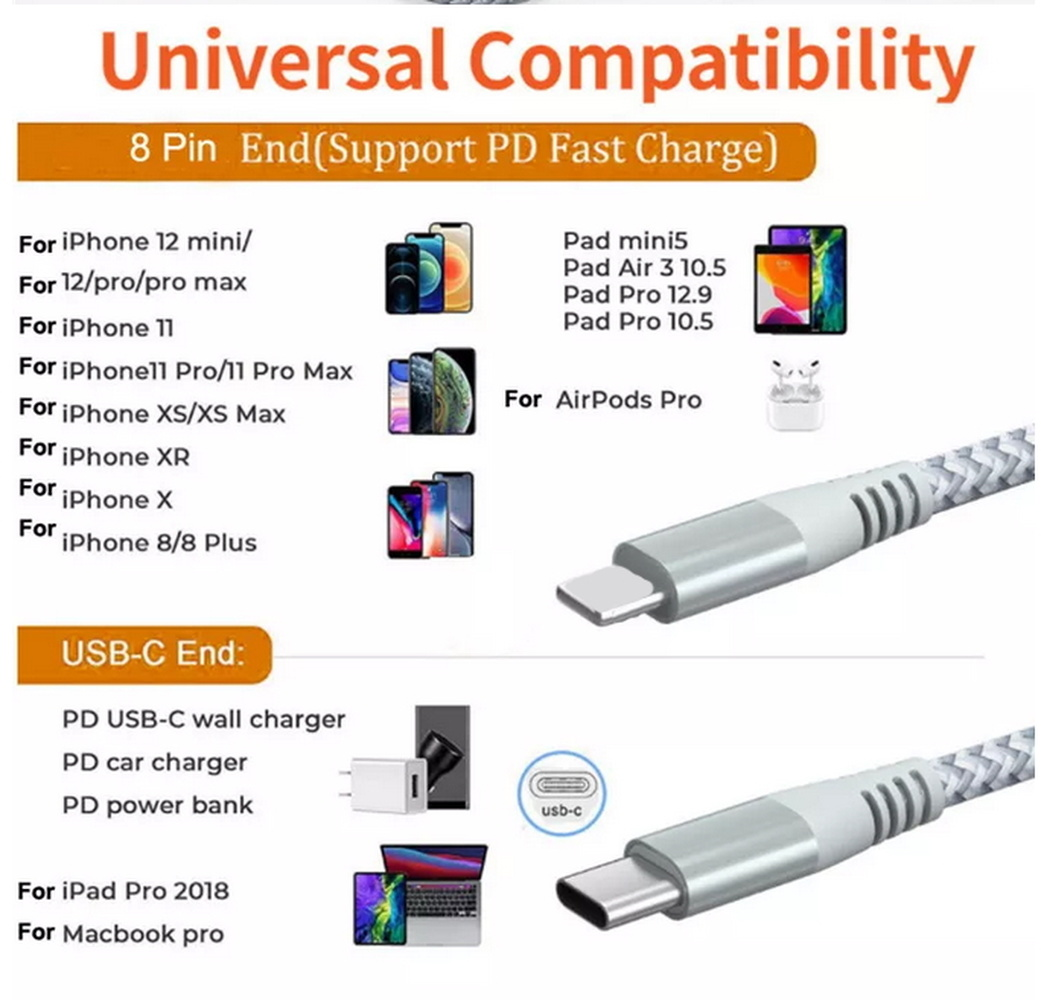USB-C To IPhone Fast Charger Cable - PD Charging For IPhone 14/13/12/11/X & More (3FT/6FT)
