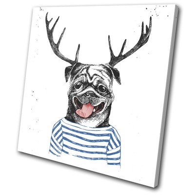 Hipster Urban Dog Pug Stag Deer Vintage SINGLE Leinwand Kunst Bild drucken