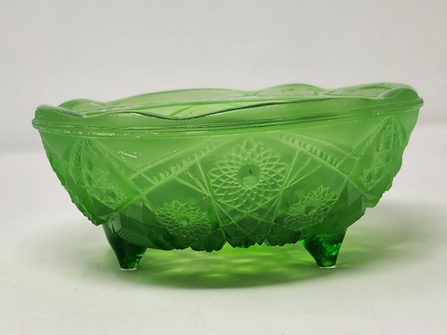 Vintage Jeannette Glass 3 Footed Bowl Green Ombre Flash With Hobster Pattern - Picture 4 of 11