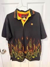 Vintage Mecca Men  s Embroidered Flame Black polo Shirt XL y2K Streetwear Fire