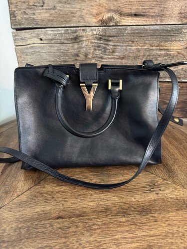 HJ YSL Saint Laurent Cabas Leather Navy Y Ligne Top Handle Shoulder Bag Purse