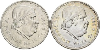 Künker: Mexiko 2 x 1 Peso 1947 1948 Silber