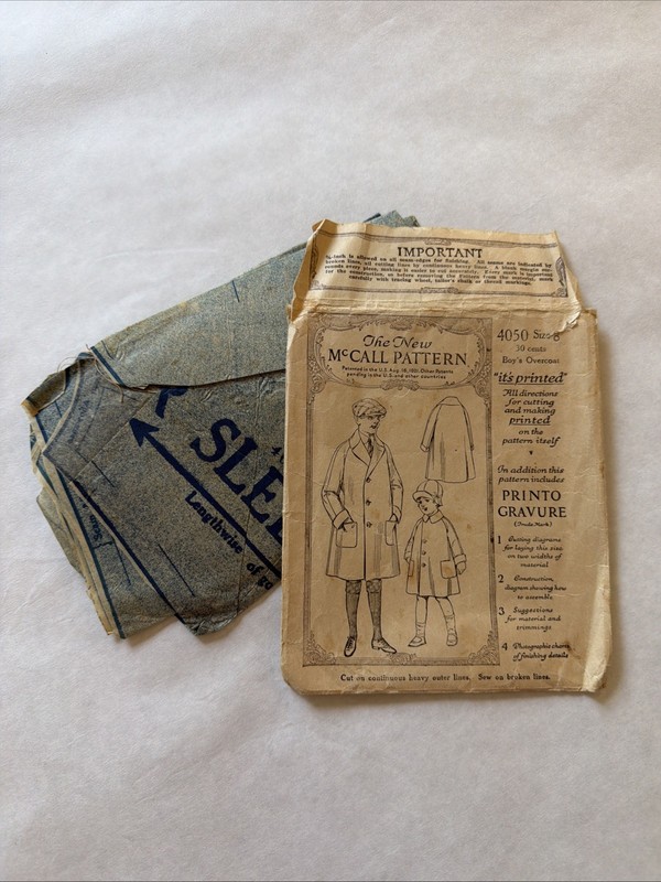 Rare Antique 1921 McCall 4050 Boys Size 8 Overcoat Pattern