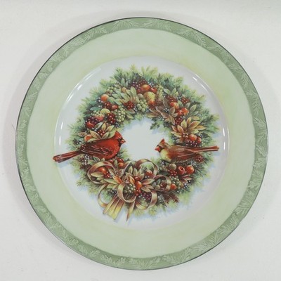 Cardinals Handpainted 12'' Platter with Wreath Male & Female Evergreen Boarder