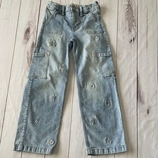 Abercrombie Kids High Rise Wide Leg Cargo Jeans Girls 11/12 Blue Embroidered