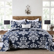 Quilt Queen Size, 100 Cotton Navy Blue Quilt Set Lightweight Quilted Bedspre...