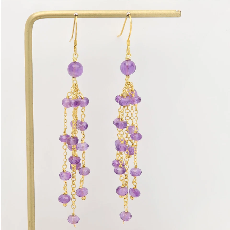 Pendientes colgantes morados piedras amatista natural araña larga chapada en oro Foto 2 de 4