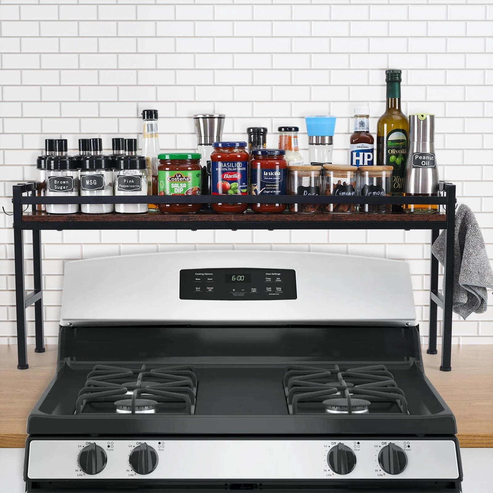 Spice Rack Shelf for Kitchen Stove，Stove Top Shelf with 4 hooks Extra Storage...