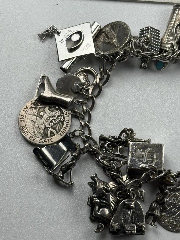 Vintage Sterling Silver Charm Bracelet 7.5" 25 Charms Travel Religious Phone - Image 4 of 4