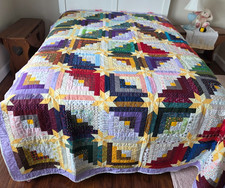 Handmade Log Cabin Star Patterned Quilt 70" x 74" 11