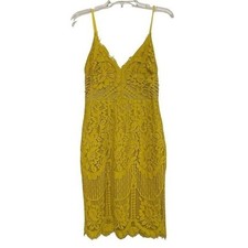 Fashion Nova Yellow Lace Bodycon Dress Spaghetti Strap V Neck Midi Size M