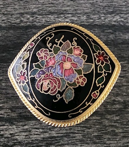Cloisonné enamel Bolo Tie Slide Floral Black Red Green Blue 2" Vintage