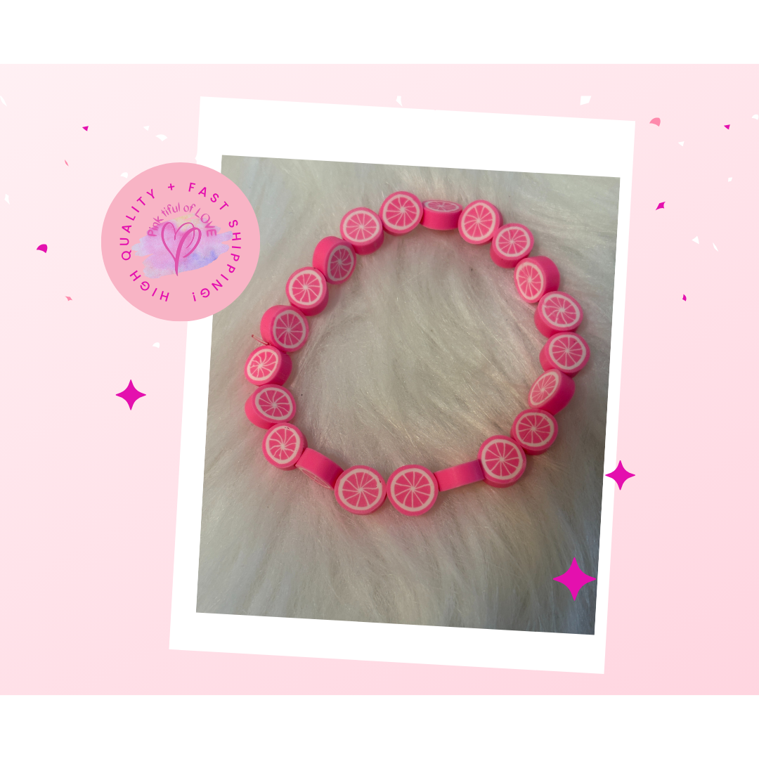 Pink Lemon Polymer Clay Beaded Stretch Bracelet for Women  