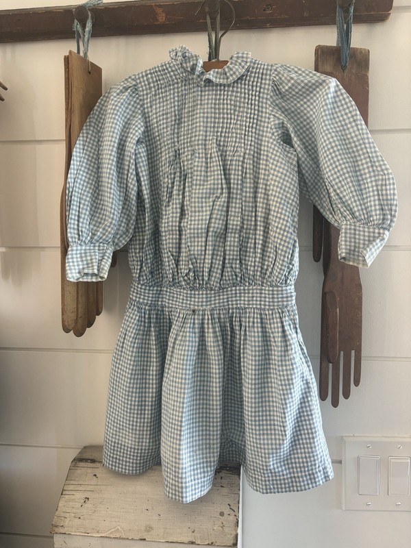 Antique Child's Blue White Homespun Fabric Dress Lined Bodice Primitive American