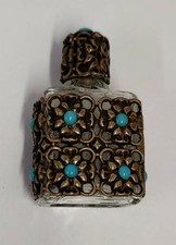 Vintage Ornate Filigree Miniature Perfume Bottle – Turquoise Stones